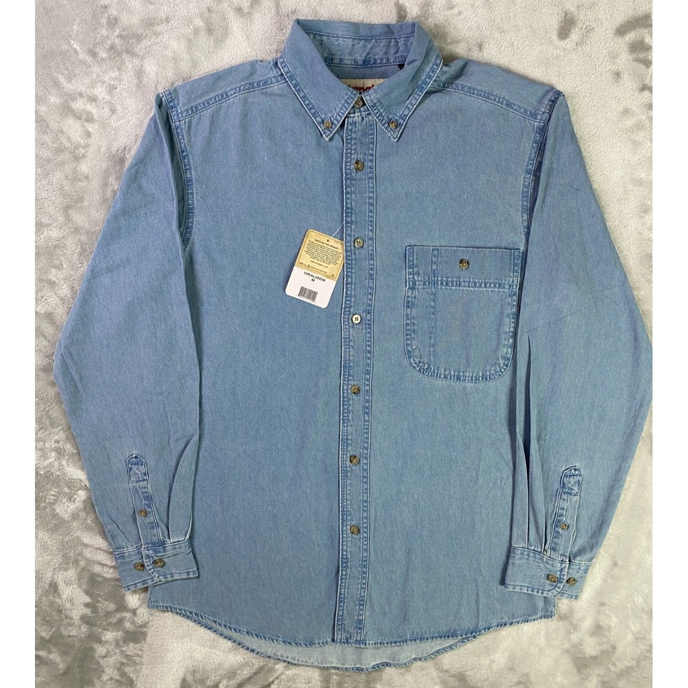 Wrangler Rugged Wear Button Up Denim Shirt Men M Blue Wash Rancher Cowboy Work